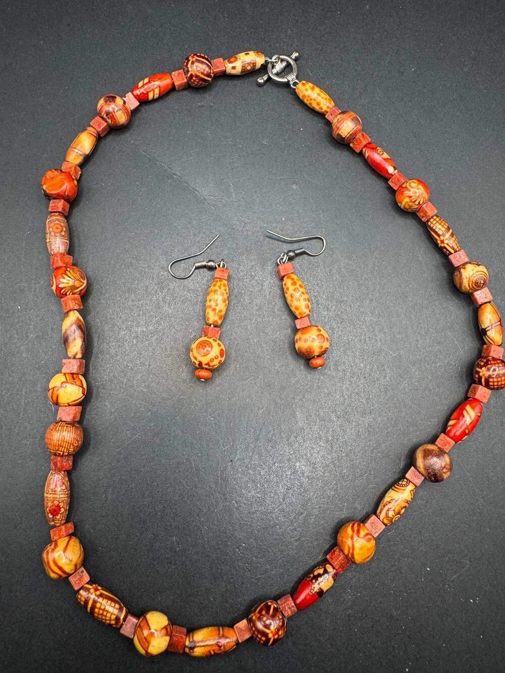 Vintage Style Boho Carved Orange Wood Beads Necklace Dangling Earrings Set